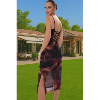 Midi Boy Baskılı Örme Tül Elbise Esnek Kalıp Kare Yaka Yüksek Kalite Kaliteli İşçilik