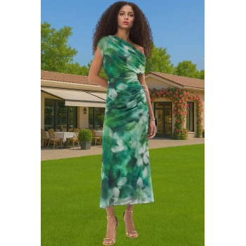 Midi Boy Çok Renkli Desenli Shift Abiye Elbise Örme Tül Uzun Ömürlü Modern Stil Özenle Seçilmiş