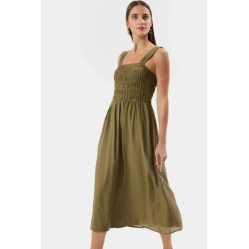 Midi Boy Crinckle Organze Dokuma Elbise Kare Yaka Astarlı Gipeli Tasarım Konforlu Kesim Modern Stil