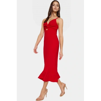 Midi Boy Örme Krep Elbise V Yaka Cut Out Detaylı Dayanıklı Malzeme Profesyonel Görünüm Rahat Ve Şık