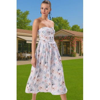 Midi Boy Poplin Abiye Elbise Çiçek Desenli Straplez Astarlı Şık Görünüm Premium Kalite Trend Tasarım