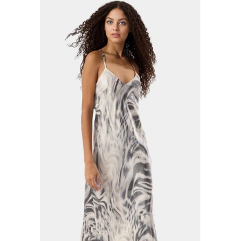 Midi Boy Saten Elbise Soyut Desenli Kolsuz Düz Kesim Polyester Kumaş Rahat Ve Şık