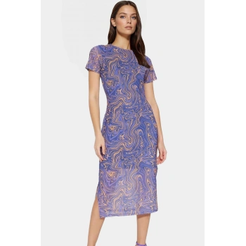 Midi Boy Tül Elbise Soyut Desenli Bisiklet Yaka Bodycon Kalıp Özel Tasarım Yüksek Kalite Modern Stil