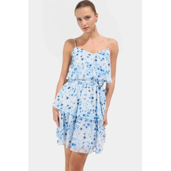 Mini Boy Polyester Şifon Elbise V Yaka Çiçek Desenli Dokuma Kumaş Zarifane Tasarım Konforlu Kesim