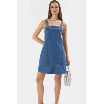 Mini Denim Elbise Kare Yaka Yazlık Rahat Pamuklu Günlük Stil Kaliteli İşçilik Mükemmel Uyum