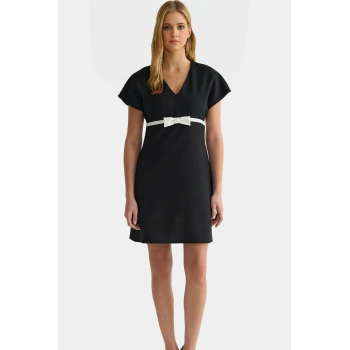 Mini Elbise A Kesim V Yaka Fiyonklu Detay Dokuma Kumaş Rahat Kalıp Yazlık Yüksek Kalite