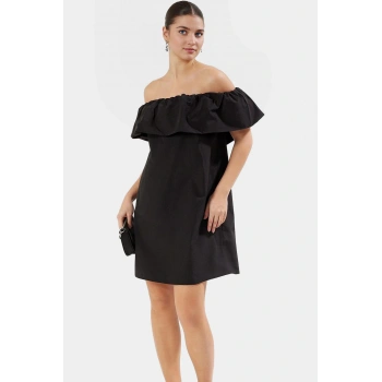 Mini Elbise Geniş Kesim Carmen Yaka Pamuk Yazlık Rahat Özenle Seçilmiş