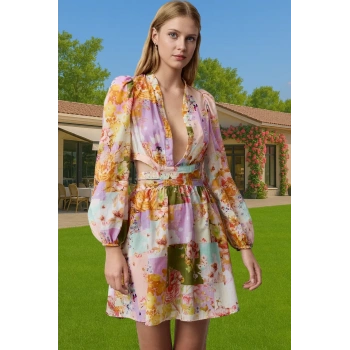 Mini V Yaka Cut Out Etnik Desenli Pamuklu Yazlık Elbise Günlük Kullanım İçin Konforlu Kesim