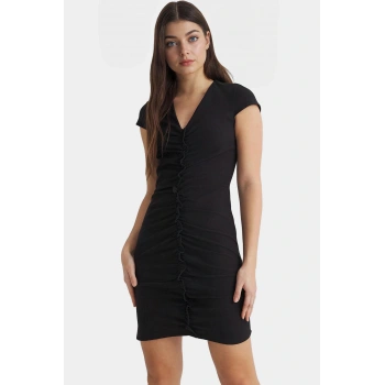 Mini V Yaka Kısa Kollu Dokuma Elbise Bodycon Finike Kumaş Özel Tasarım Mükemmel Uyum Trend