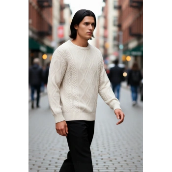 Modern Erkek Oversize Saç Örgü Desenli Bisiklet Yaka Triko Kazak Günlük Şıklık Sunar Kaliteli