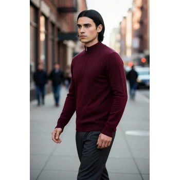 Modern Erkek Regular Kalıp Pamuklu Triko Yarım Balıkçı Fermuarlı Baklava Desenli Kazak Stili