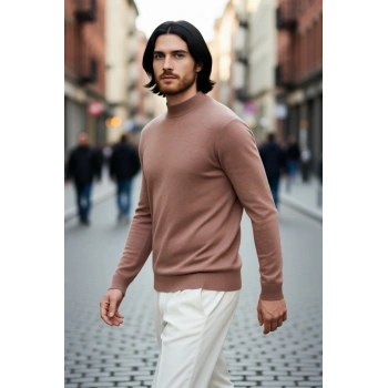 Modern Erkek Triko Kazak Fitted Kesim Dik Yaka Uzun Kollu Rahat Pamuklu Karışım Basic Stil Kış ve