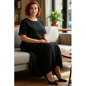 Modern Kadın Büyük Beden Bisiklet Yaka Kısa Kol Aerobin Maxi Elbise Casual Şıklık İçin Kaliteli