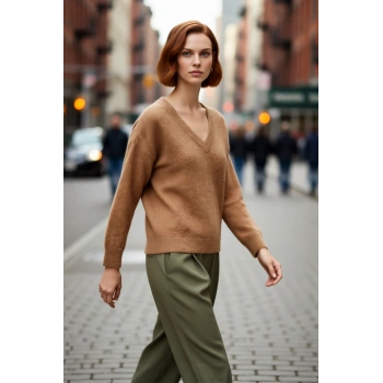 Modern Kadın Oversize V Yaka Triko Düz Düşük Kol Günlük Basic Kışlık Alpaka Karışımlı Kazak