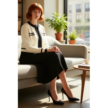 Modern Kadın Renk Bloklu A Line Midi Triko Hırka Elbise Takımı Soğuk Kış Günleri İçin İdeal Seçim