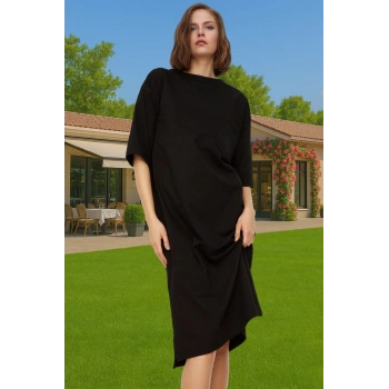 Mor Nakışlı Relaxed Rahat Bisiklet Yaka Midi Örme Elbise Uzun Ömürlü Uzun Ömürlü Şık Görünüm