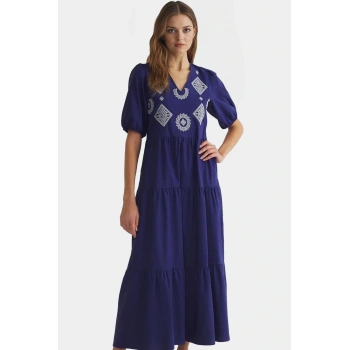 Nakışlı Maxi Elbise Pamuklu Polyester Dokuma Yazlık Günlük Trend Tasarım Seçkin Malzeme