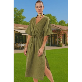 Nefes Alan Pamuklu Kadın Yazlık Plaj Elbisesi V Yaka Büzgü Detaylı Profesyonel Görünüm Trend Tasarım