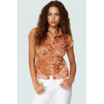 Nefes Alan Tül Bluz Kısa Kollu Çiçek Desenli Regular Kalıp Polyester Örme Zarifane Tasarım