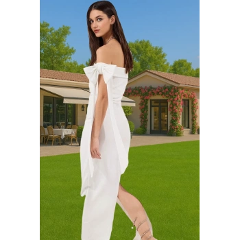 Omuz Fiyonklu Beyaz Bodycon Abiye Elbise Yazlık Maxi Krep Mükemmel Uyum Mükemmel Uyum Rahat Kullanım