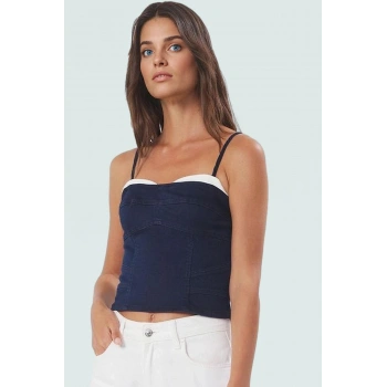 Omzu Crop Denim Bluz Pamuk Karışımlı Stretch Kumaş Kalp Yaka Yazlık Tarz Uzun Ömürlü