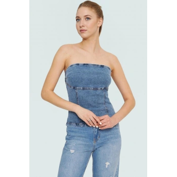Omzu Denim Bluz %99 Pamuk Stretch Rahat Kalıp Yaz Yüksek Kalite Konforlu Kesim