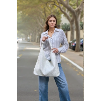 Kadın Omuzda Taşınabilir Geniş Hacimli Örgü Desenli Yumuşak Deri Günlük Omuz Çantası