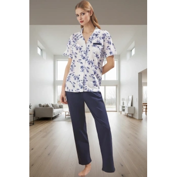 Örme Pamuklu Pijama Takımı Şık Çiçek Desen 2li Set Yüksek Kalite Rahat Ve