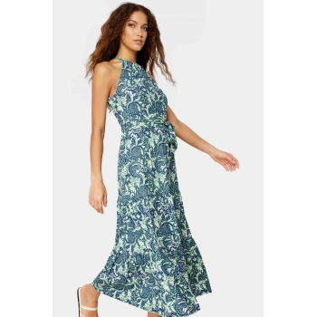 Örme Polyester Maxi Elbise Kolsuz A line Halter Yaka Şık Görünüm Zarifane Tasarım Yüksek Kalite