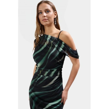 Örme Tül Midi Elbise 120cm Boy Çiçek Desen Bodycon Kalıp Özel Tasarım Rahat Ve Şık