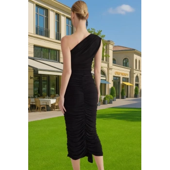 Özel Kesim Tek Omuzlu Sandy Dokuma Midi Abiye Elbise Özenle Seçilmiş Özel Tasarım Rahat Ve Şık