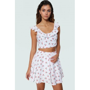 Pamuk Çilekli Yazlık Bluz Etek Takım Kolsuz Bisiklet Yaka Fitted Geniş Paça Konforlu Kesim