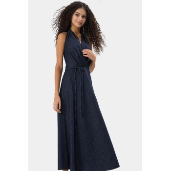 Pamuk Denim Maxi Elbise Şık Halter Yaka Volanlı Bağlama Detaylı Rahat Kullanım Trend Tasarım