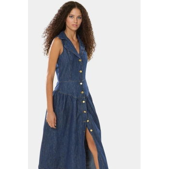 Pamuk Denim Midi Elbise Rahat Kalıp Gömlek Yaka Yazlık Özel Tasarım Zarifane