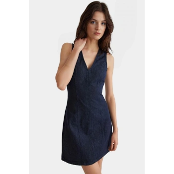 Pamuk Denim Mini Elbise V Yaka Kolsuz Yazlık Rahat Günlük Yüksek Kalite Seçkin Malzeme