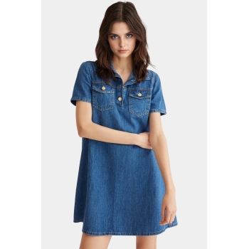 Pamuk Denim Mini Gömlek Elbise Cep Detaylı Rahat Kalıp Yazlık Zarifane Tasarım Kullanım