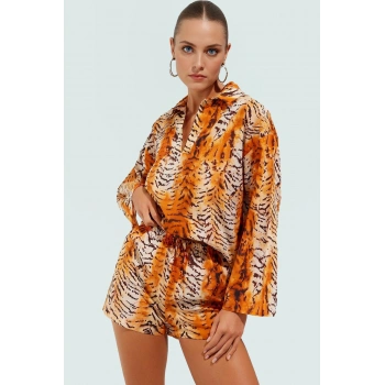 Pamuk Dokuma Leopar Desenli Oversize Yazlık Gömlek Şort Takım Plaj Kombin Mükemmel Uyum