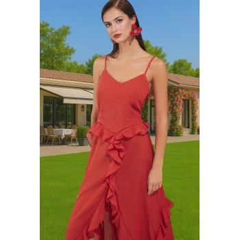 Pamuk Dokuma Midi Elbise Volanlı Detaylı Yazlık Plaj Mükemmel Uyum Özenle Seçilmiş Zarifane Tasarım