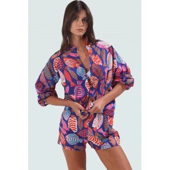 Pamuk Dokuma Vual Kumaşlı Balık Desenli Plaj Takımı Şort Bluz Uzun Kollu Zarifane Tasarım