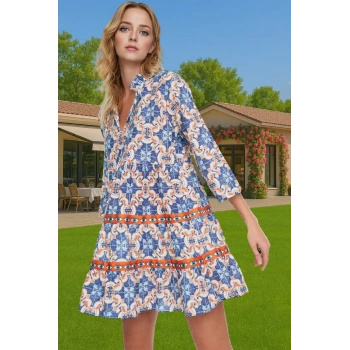 Pamuk Mini Elbise Etnik Desenli V Yaka Şerit Detaylı Plaj Konforlu Kesim Rahat Ve Şık Mükemmel Uyum