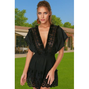 Pamuk Mini Plaj Elbisesi V Yaka Brode Detaylı Yazlık Trend Tasarım Özel Tasarım Kaliteli İşçilik