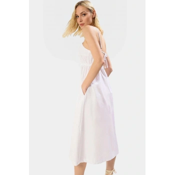 Pamuk Poplin Midi Elbise Belden Etekli Kare Yaka Kolsuz Giy Çık Rahat Ve Şık Uzun Ömürlü