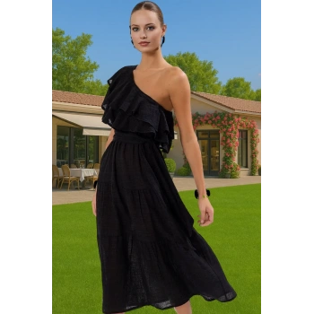 Pamuk Viskoz Keten Maxi Elbise Tek Omuzlu Volanlı Yazlık Zarifane Tasarım Modern Stil Seçkin Malzeme