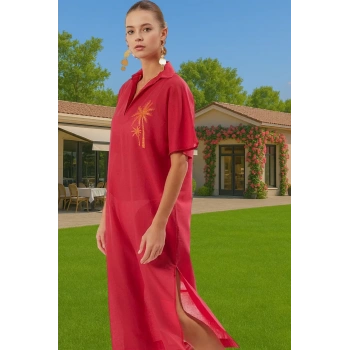 Pamuk Vual Maxi Plaj Elbisesi Rahat Kalıp Nakışlı Yazlık Günlük Kullanım İçin Konforlu Kesim