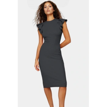 Pamuklu Bodycon Midi Elbise Renk Volanlı Detaylı Kadın Giyim Konforlu Kesim Dayanıklı Malzeme