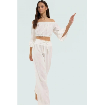 Pamuklu Carmen Yaka Bluz Pantolon Takım Dokuma Kumaş Yazlık Rahat Modern Stil