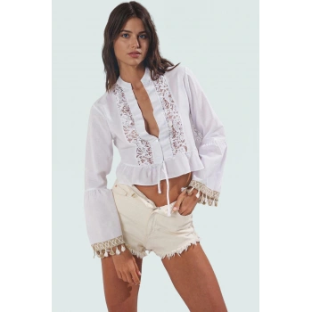 Pamuklu Dantelli Slim Fit Plaj Bluz Bağlamalı Yazlık Kaliteli İşçilik Rahat Kullanım