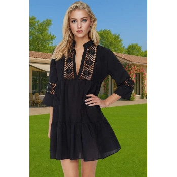 Pamuklu Dantelli V Yaka Mini Yazlık Plaj Elbisesi Kadın Zarifane Tasarım Modern Stil Yüksek Kalite