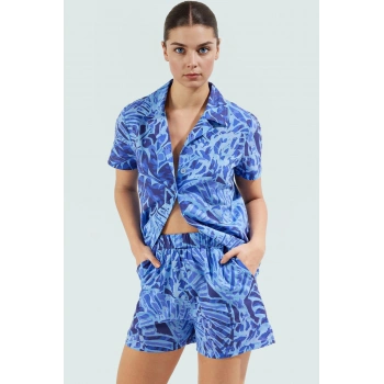 Pamuklu Desenli Kadın Yazlık Gömlek Şort Takım Nefes Alabilen Vual Kumaş Şık Görünüm Rahat Ve