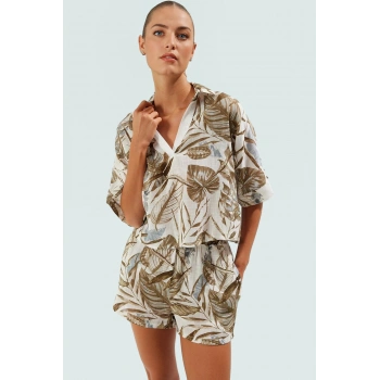 Pamuklu Dokuma Çiçekli Bluz Pantolon Takımı Yazlık Plaj Modası Reglan Kol Seçkin Malzeme